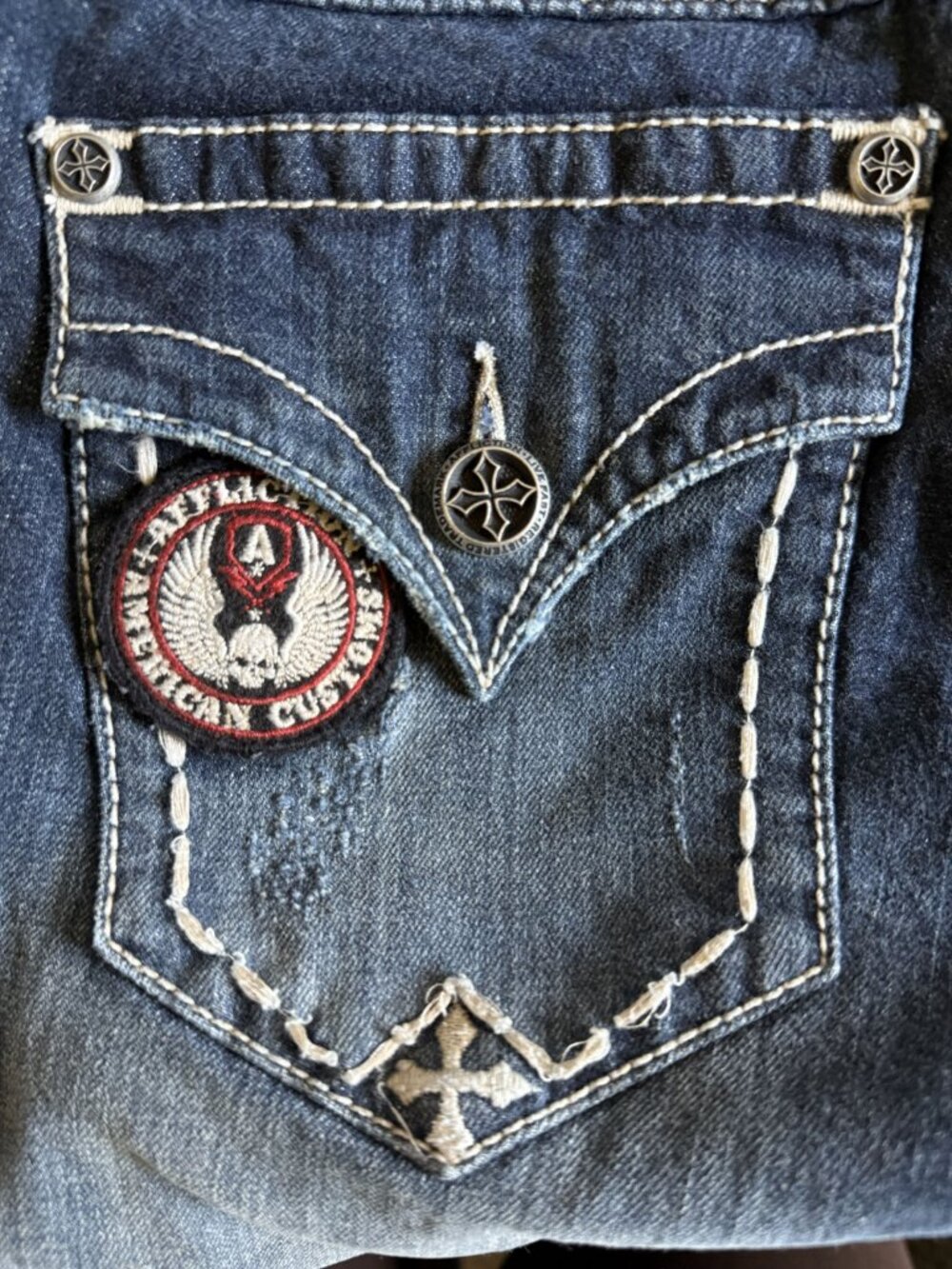 Affliction Bootcut Jeans Size 28 Dark Wash Embroidered Pocket Y2K Low Rise - Picture 7 of 8